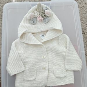 GAP Ivory Knit Baby Cardigan with Floral Hood